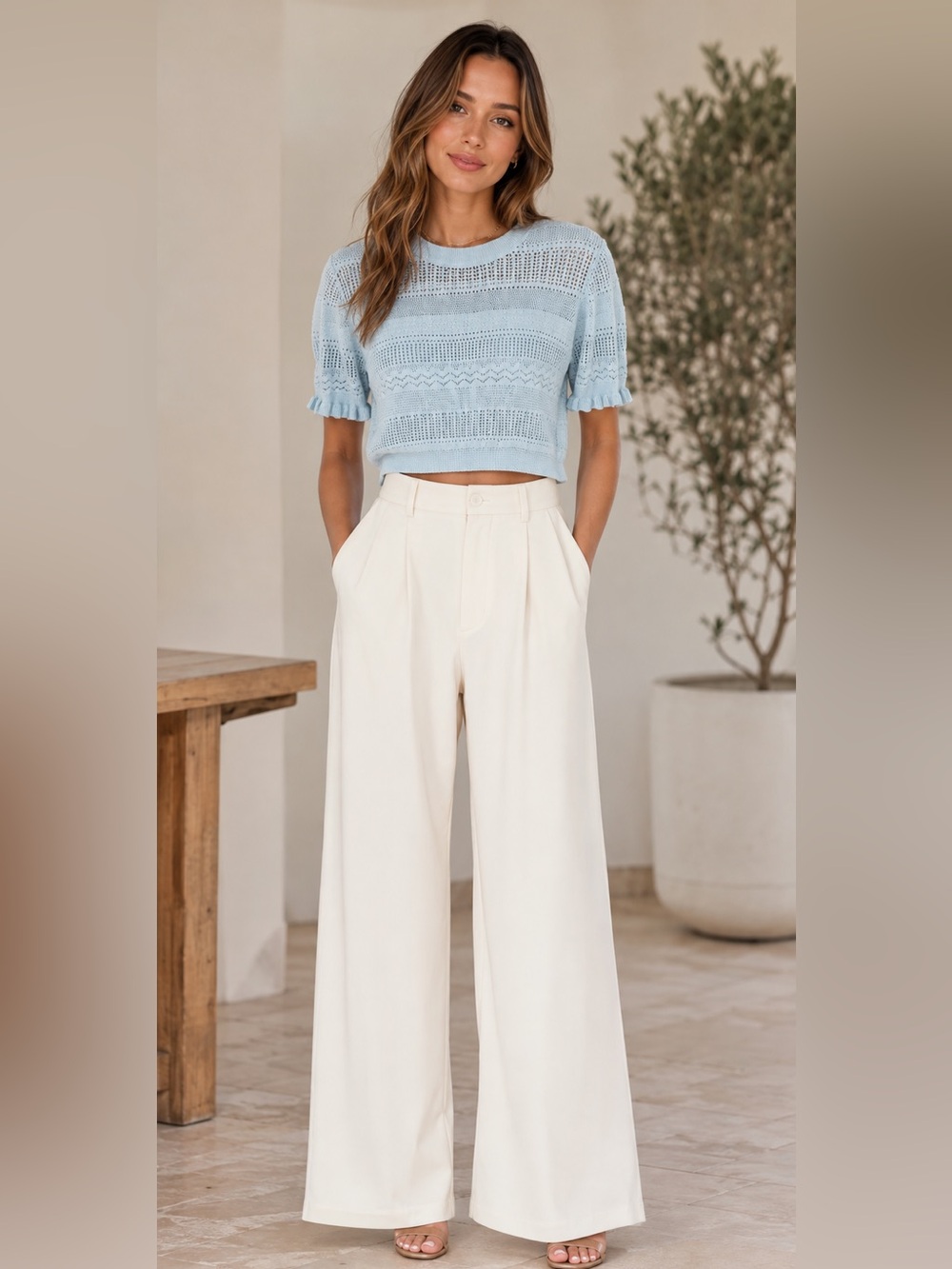 Cupcake Light Blue Open Knit‎ Short Sleeve Pointelle Knit Crop Top Size Medium